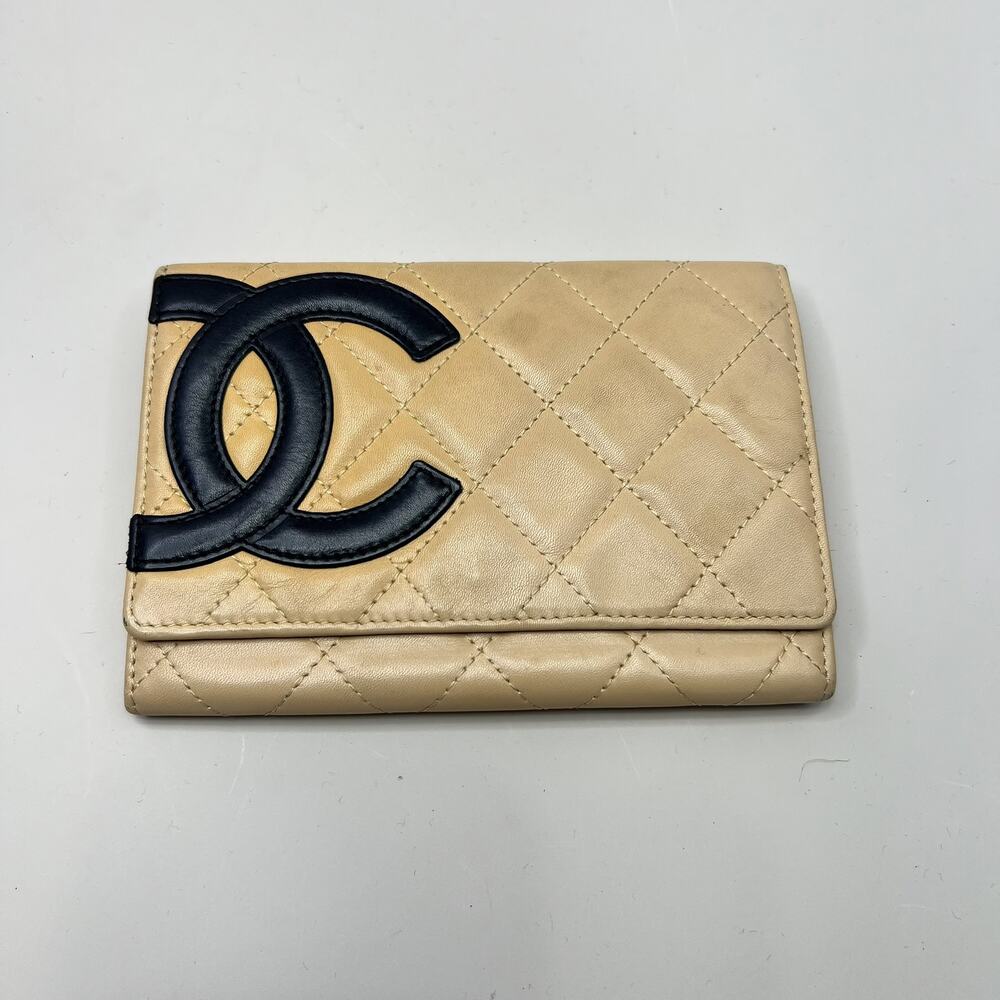 Chanel Cambon Ligne Quilted Leather Flap Wallet in Beige With Black CC Logo.